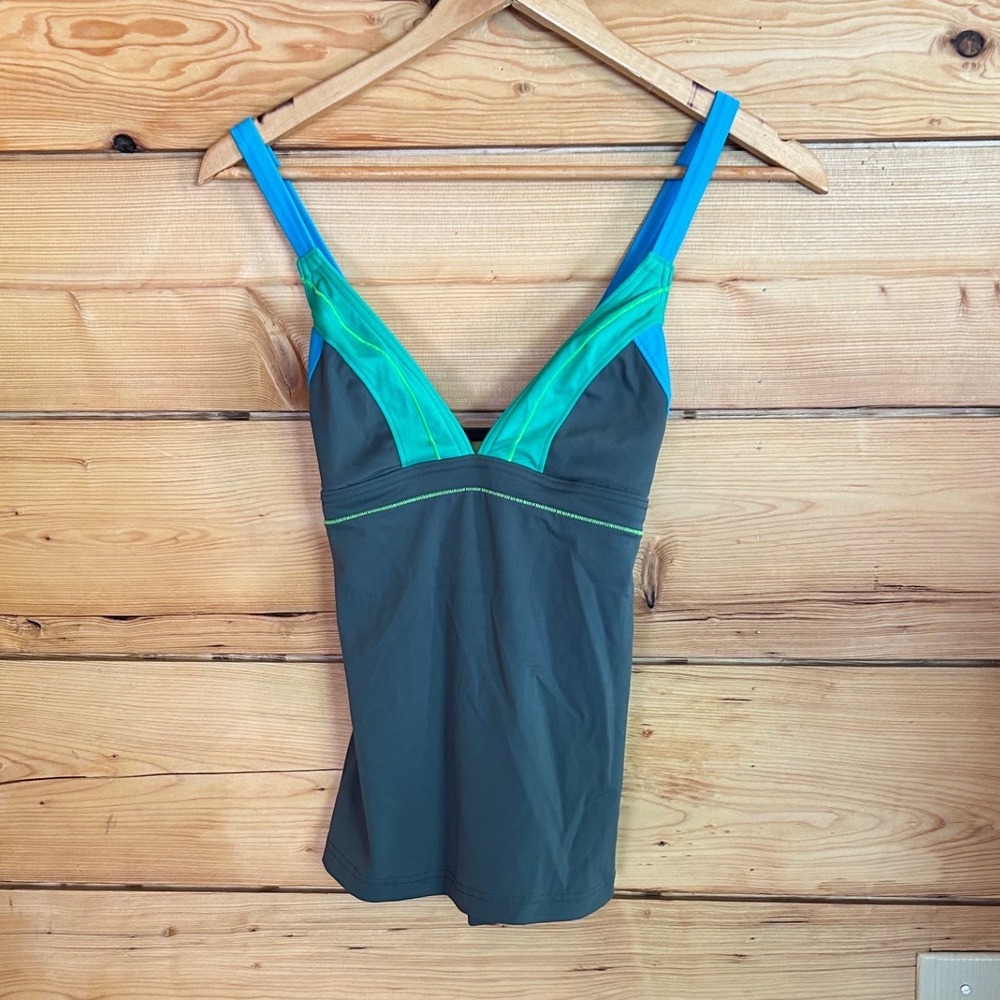 Atla Tankini Swim Top Women Medium Pewter Grey Turquoise Green Colorblock prAna